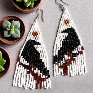 Handcrafted Raven Beaded Earrings Fringe Boho Witchy